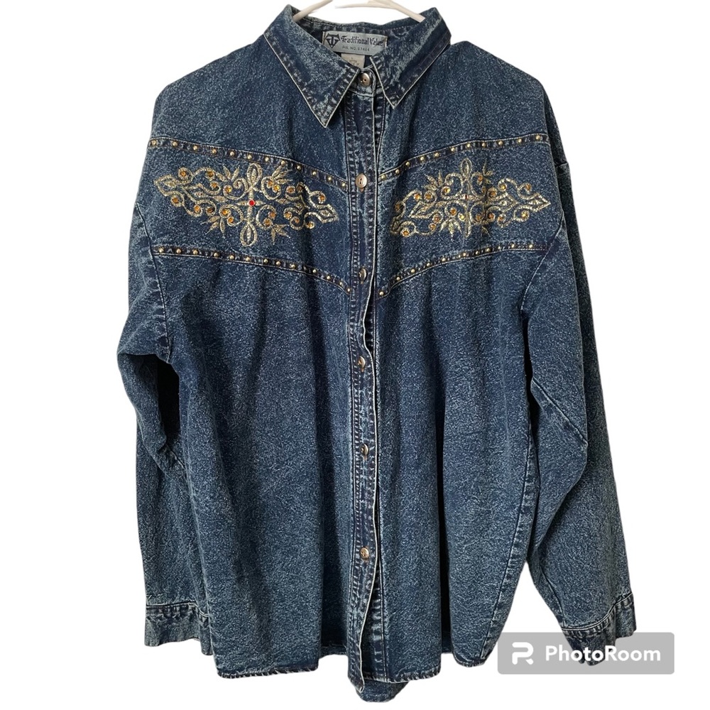 Traditional Value Vintage 90s Embroidered Studded Denim Jean Top, Size L, EUC!